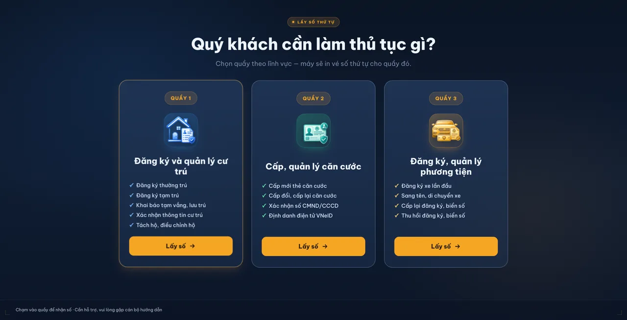 Màn hình chọn quầy để lấy số thứ tự, mỗi quầy ghi rõ các việc làm được