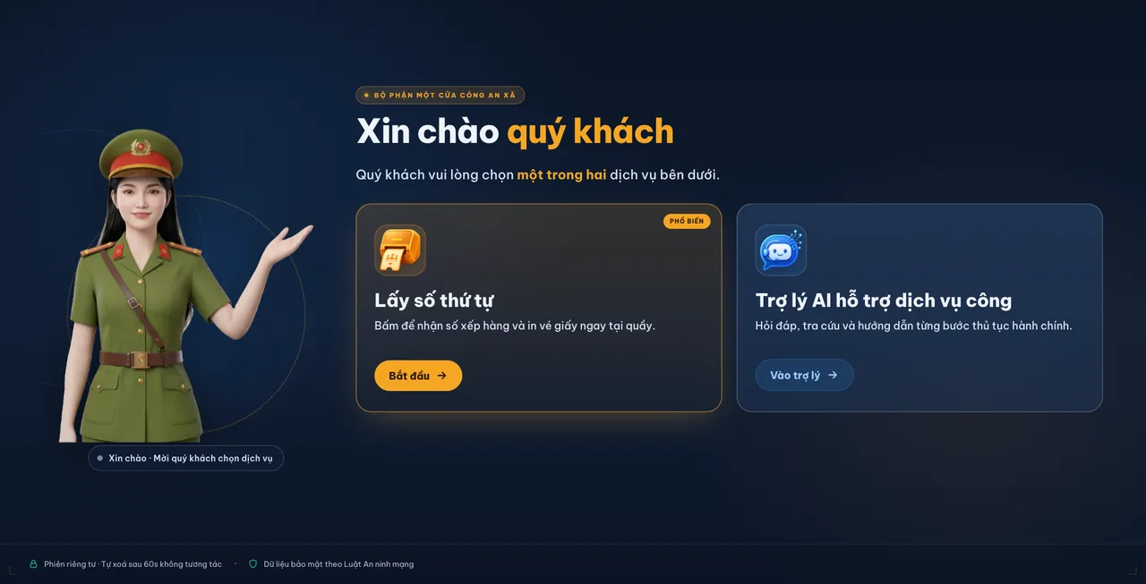 Màn hình chào của kiosk với hai lựa chọn: lấy số thứ tự và trợ lý dịch vụ công
