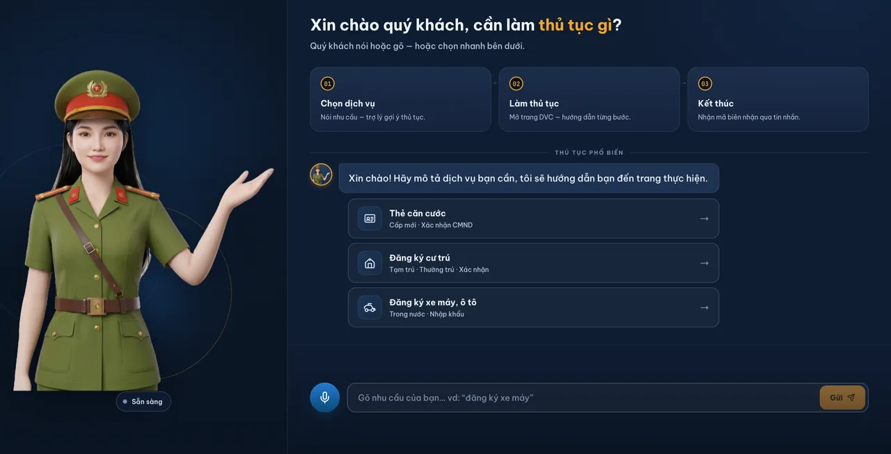 Màn hình trợ lý dịch vụ công với ba bước và các thủ tục phổ biến